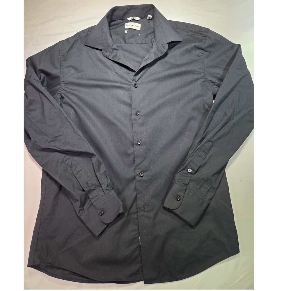 Lucky Brand Mens Slim Fit Button Down Shirt Black Long Sleeve Medium 15/15.5